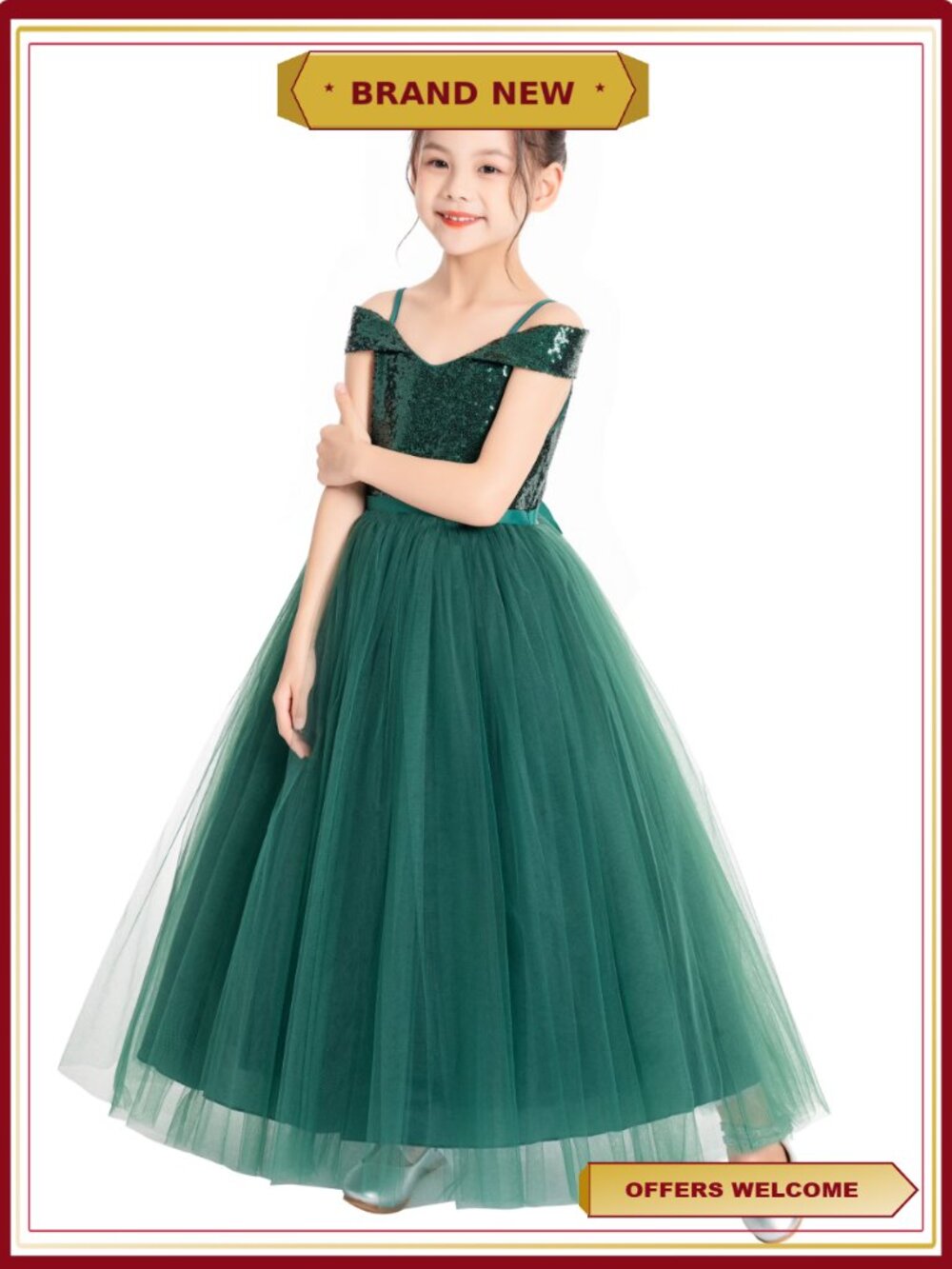 Sequin Off Shoulder Flower Girl Dress with Tulle Skirt